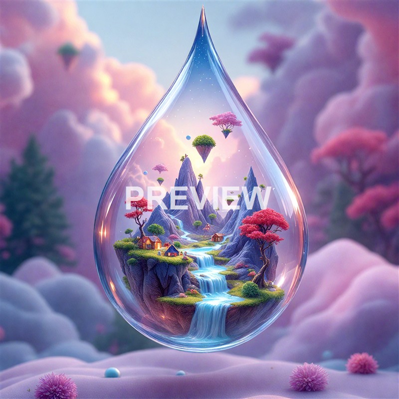A surreal, fantasy scene featuring floating islands with waterfalls, trees, mountains, and small houses encased inside a large, transparent droplet against a pastel-colored sky with fluffy clouds.